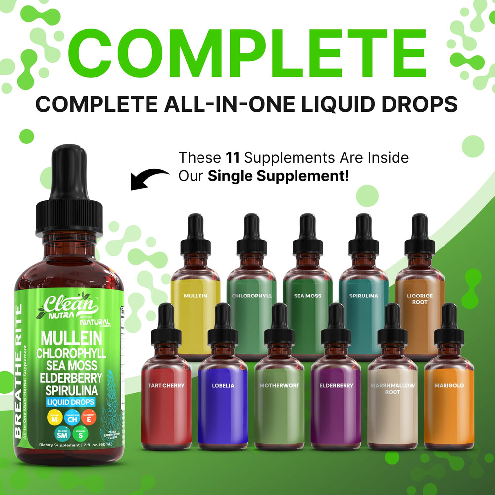 Clean Nutra Mullein Drops with sea moss and spirulina on the label for vitality.