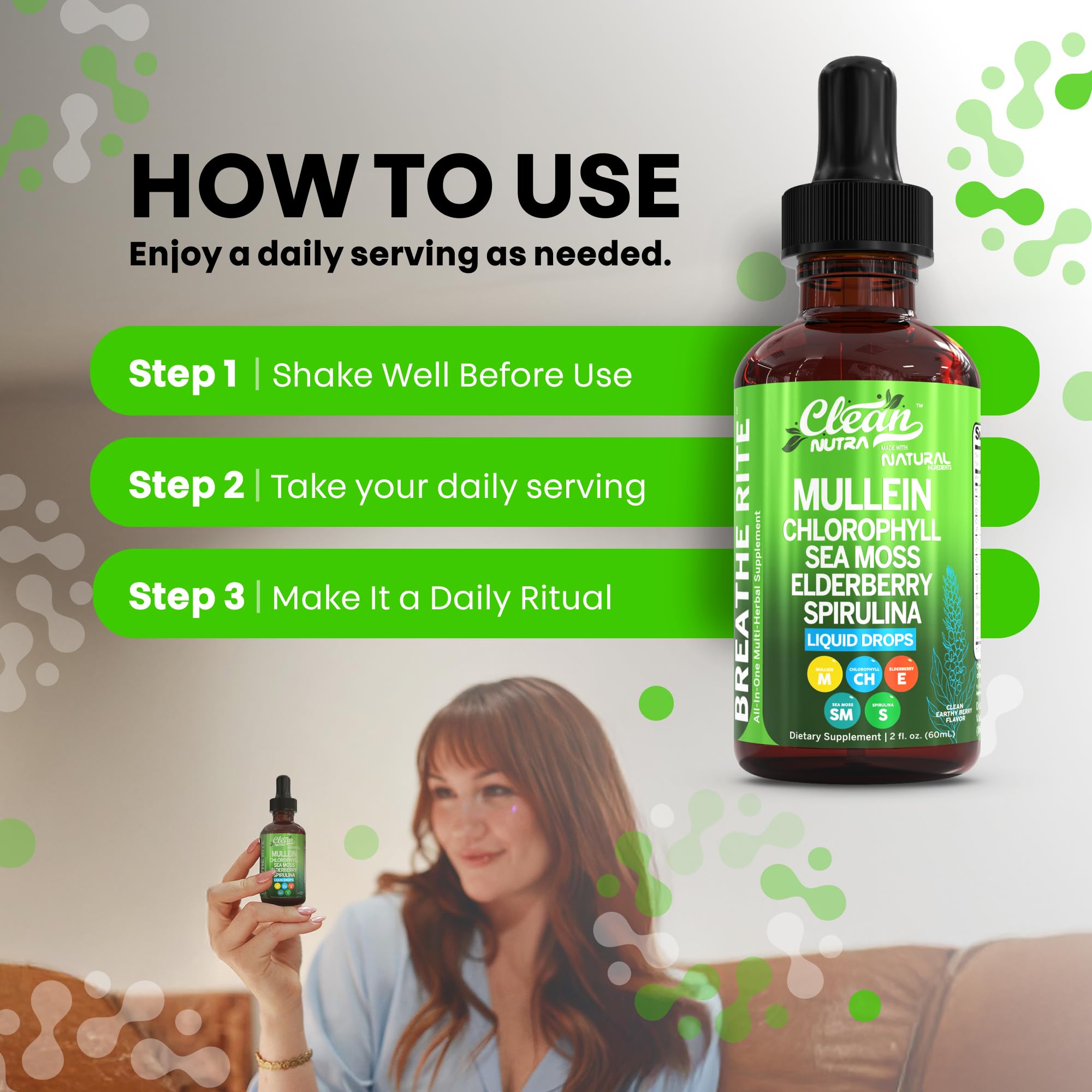 Clean Nutra Mullein Drops spirulina and chlorella blend in container.