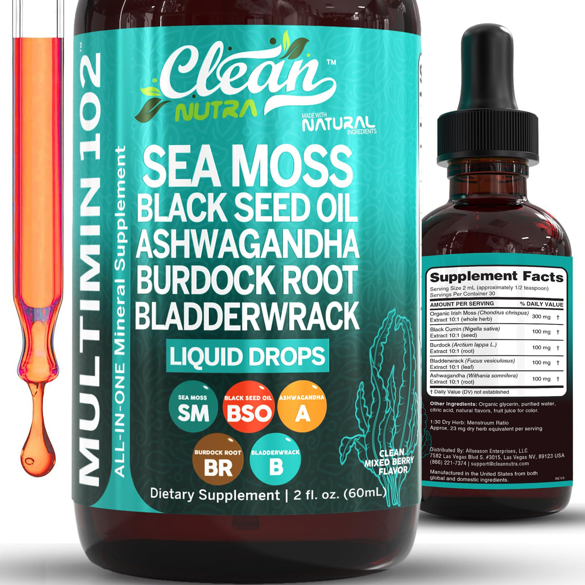 Clean Nutra Organic Sea Moss Drops bottle for daily wellness.