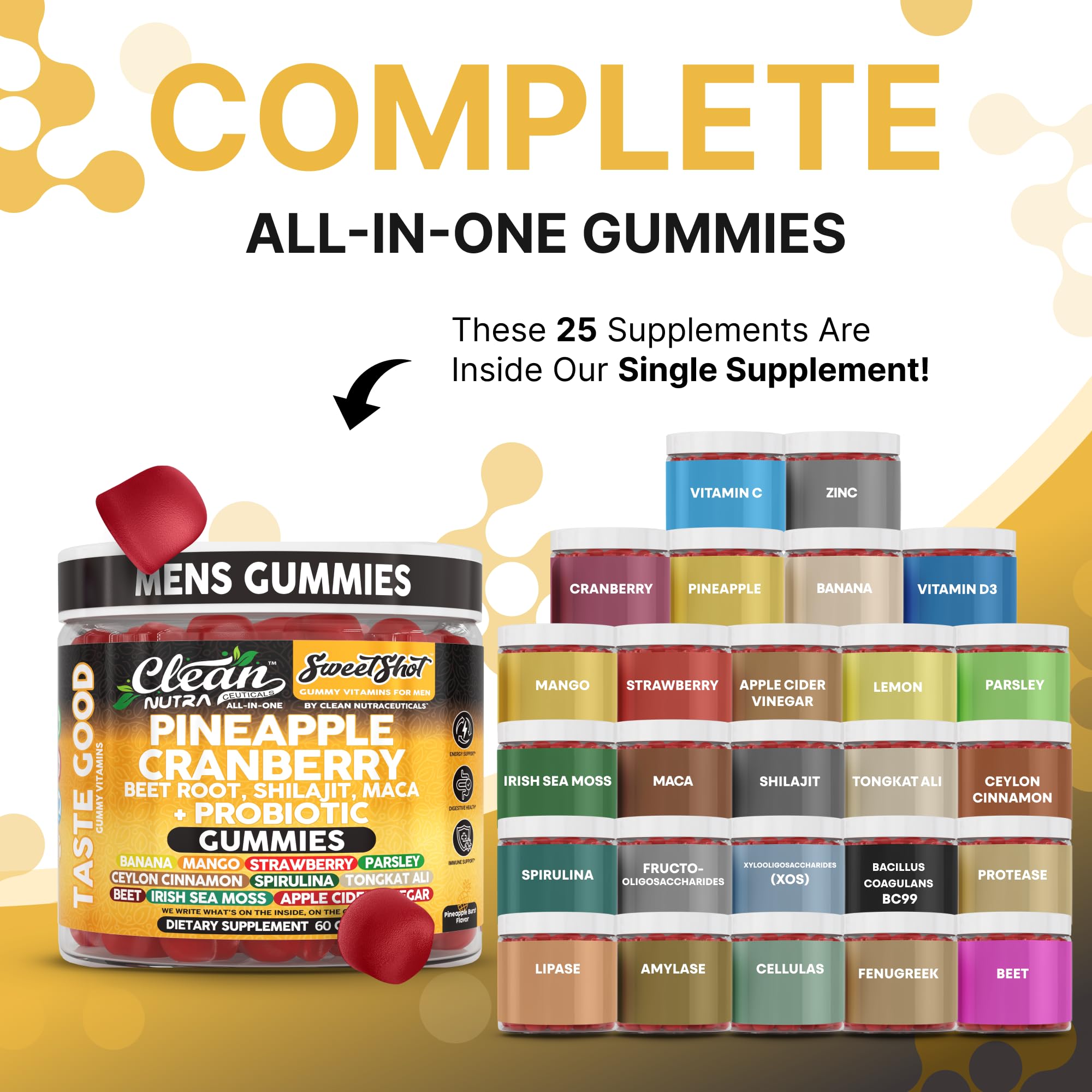 Clean Nutra pineapple-cranberry gummies close-up highlighting fruity flavor and convenient daily bite.
