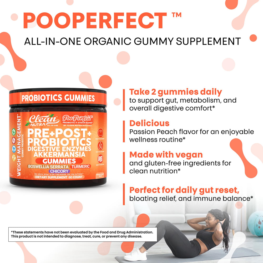Clean Nutra PooPerfect gummy texture and peach aroma enhance routine supplementation.