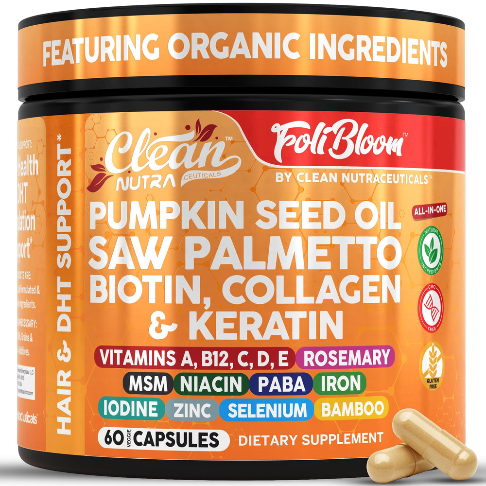Clean Nutra pumpkin seed oil capsules bottle for hair support and scalp nutrition.