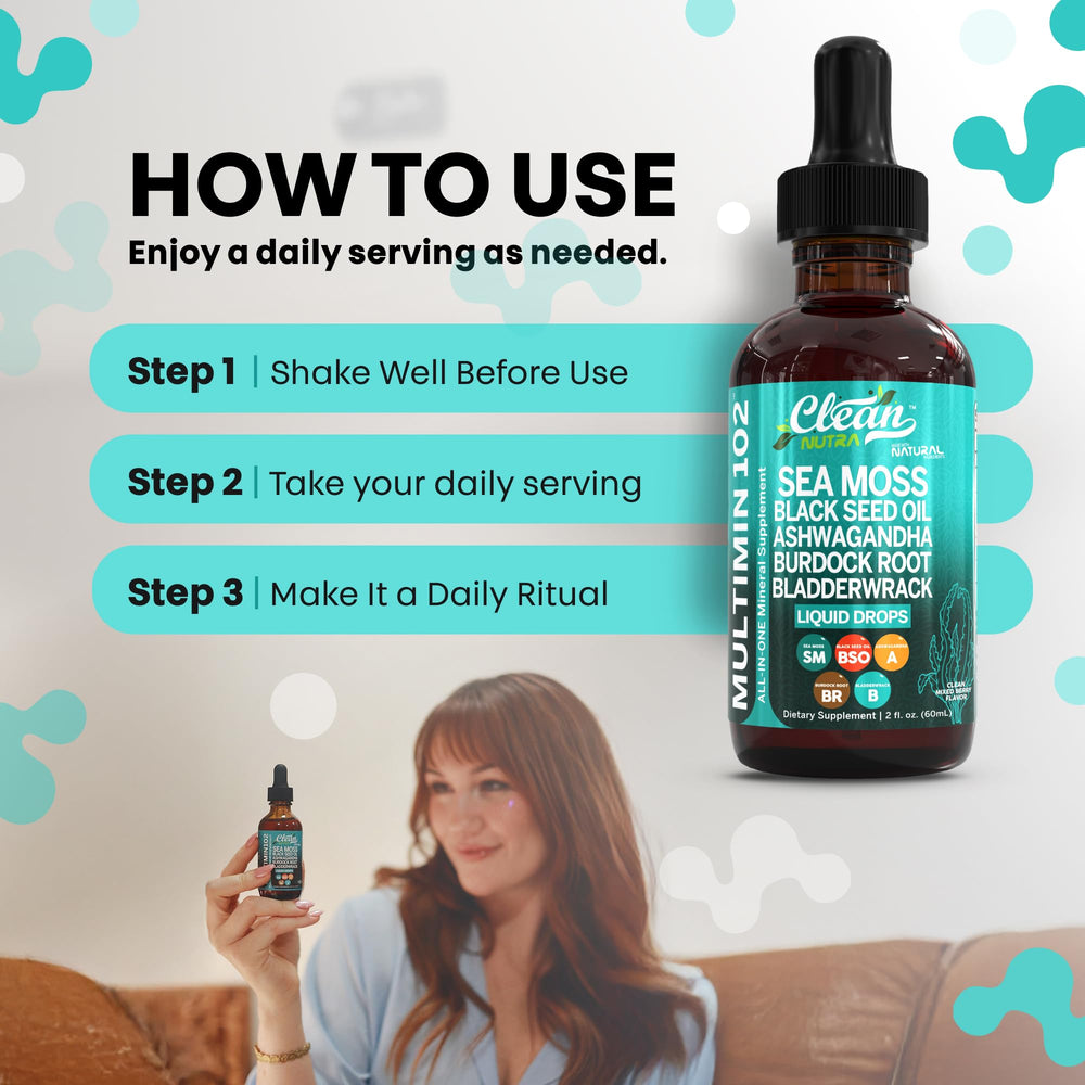 Clean Nutra sea moss drops added to a glass of water.
