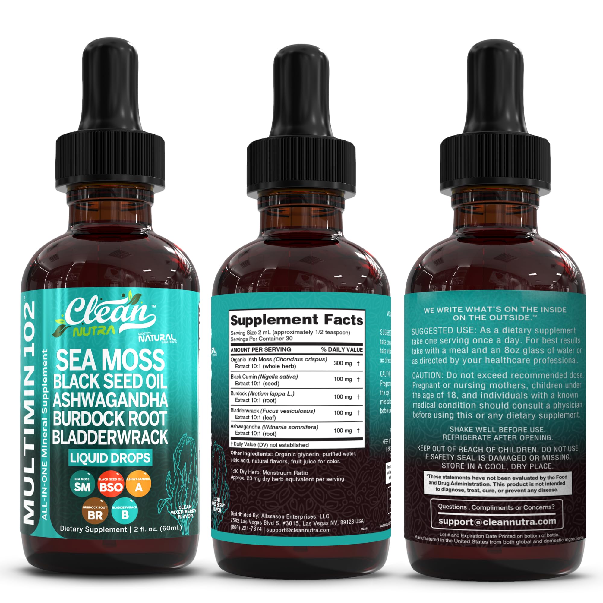 Clean Nutra sea moss drops blended into a smoothie for vitality.