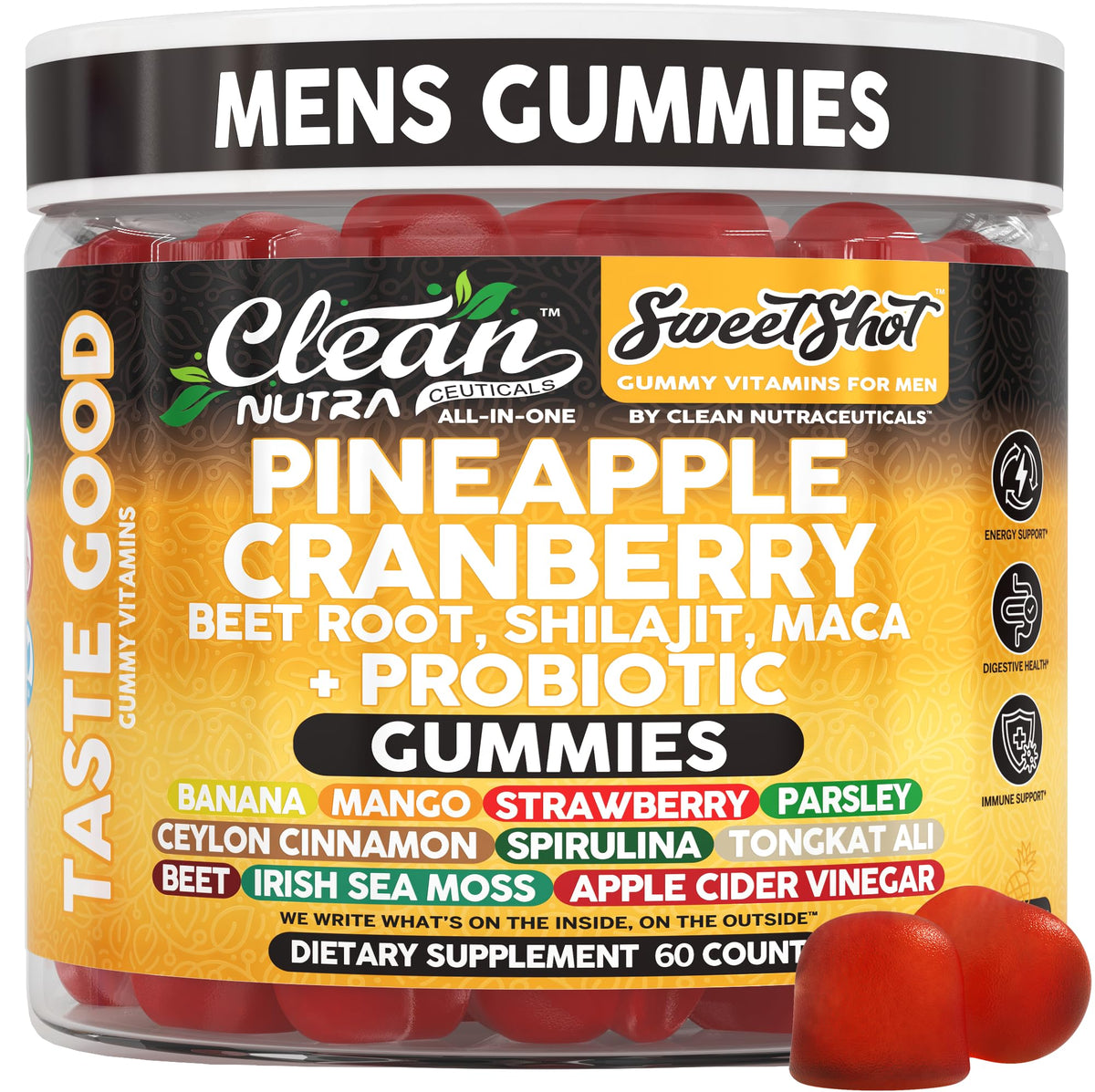 Clean Nutra Sweet Shot bottle front displaying pineapple-cranberry gummies for daily wellness.