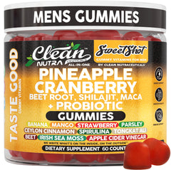 Clean Nutra Sweet Shot bottle front displaying pineapple-cranberry gummies for daily wellness.