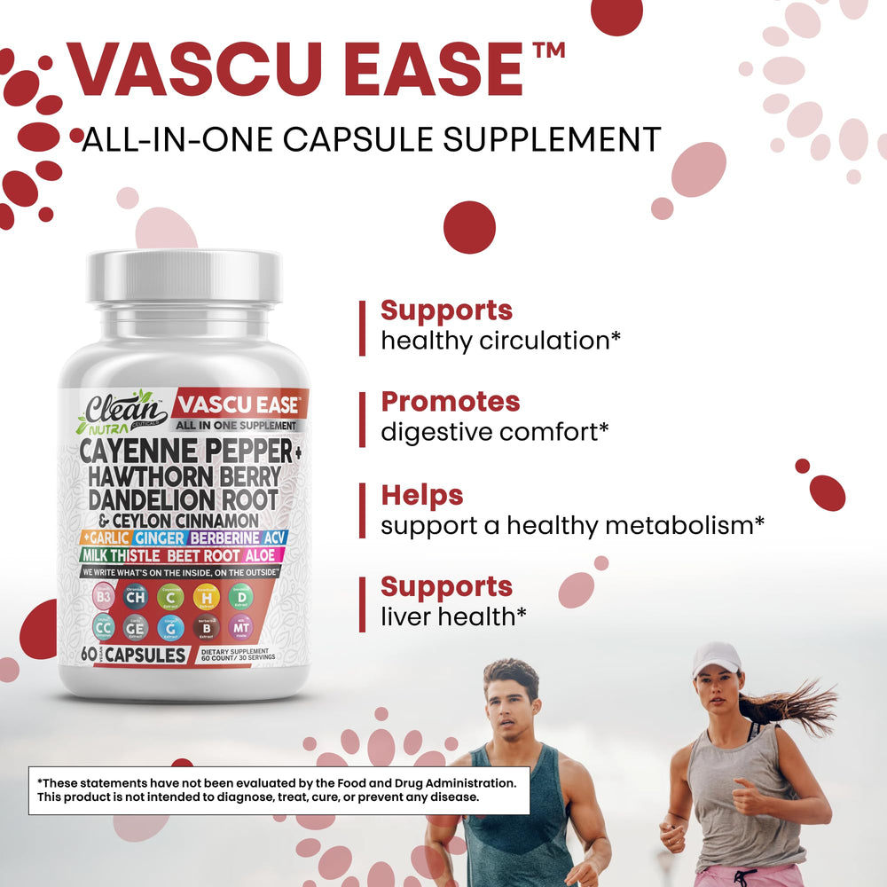 Clean Nutra Vascu Ease apple cider vinegar capsules display for holistic balance.