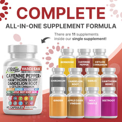 Clean Nutra Vascu Ease capsules close-up highlighting cayenne and herbs.