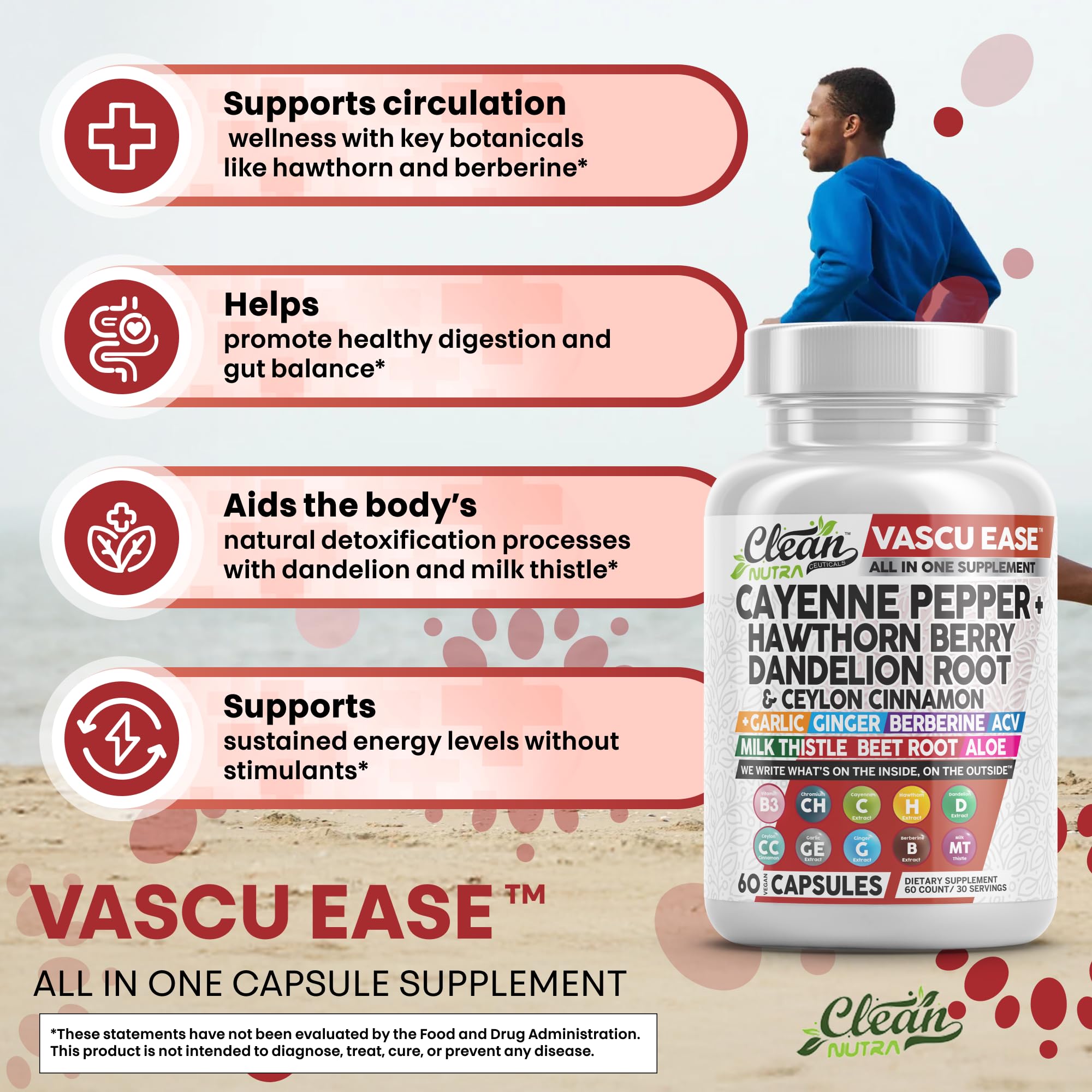 Clean Nutra Vascu Ease dandelion root capsules on table promoting liver-friendly wellness.