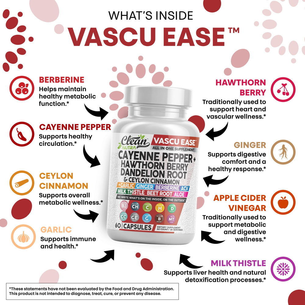 Clean Nutra Vascu Ease label detail showcasing vegan formula for clean nutrition.