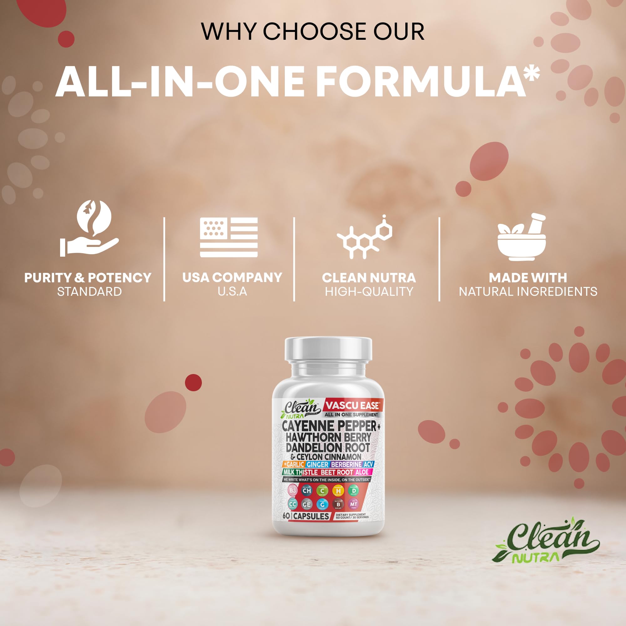 Clean Nutra Vascu Ease beetroot and milk thistle imagery highlighting vitality support.