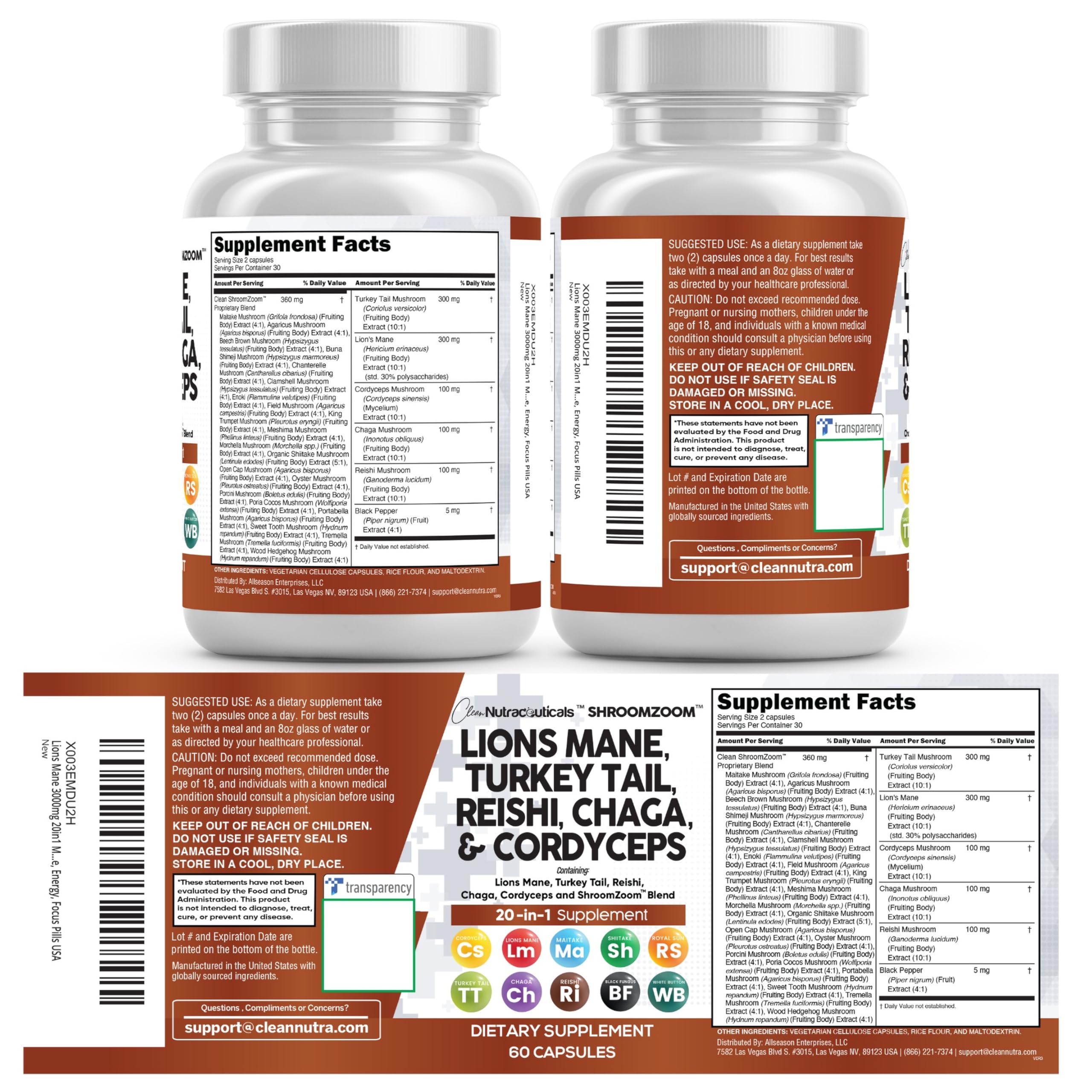 Clean Nutraceuticals 20in1 mushroom blend capsules illustrate comprehensive supplement option.