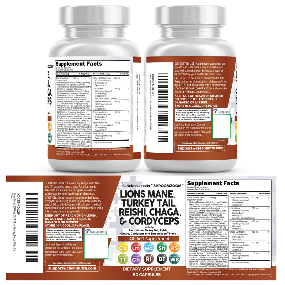 Clean Nutraceuticals 20in1 mushroom blend capsules illustrate comprehensive supplement option.