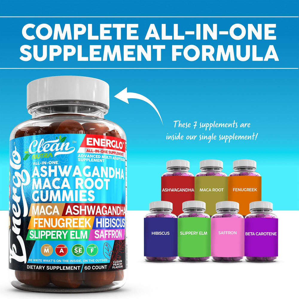 Clean Nutraceuticals Ashwagandha Maca Gummies ingredient scatter highlighting botanicals.