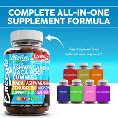 Clean Nutraceuticals Ashwagandha Maca Gummies ingredient scatter highlighting botanicals.