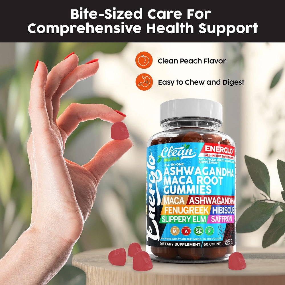 Clean Nutraceuticals Ashwagandha Maca Gummies bottle with saffron beta carotene indicating immune support.