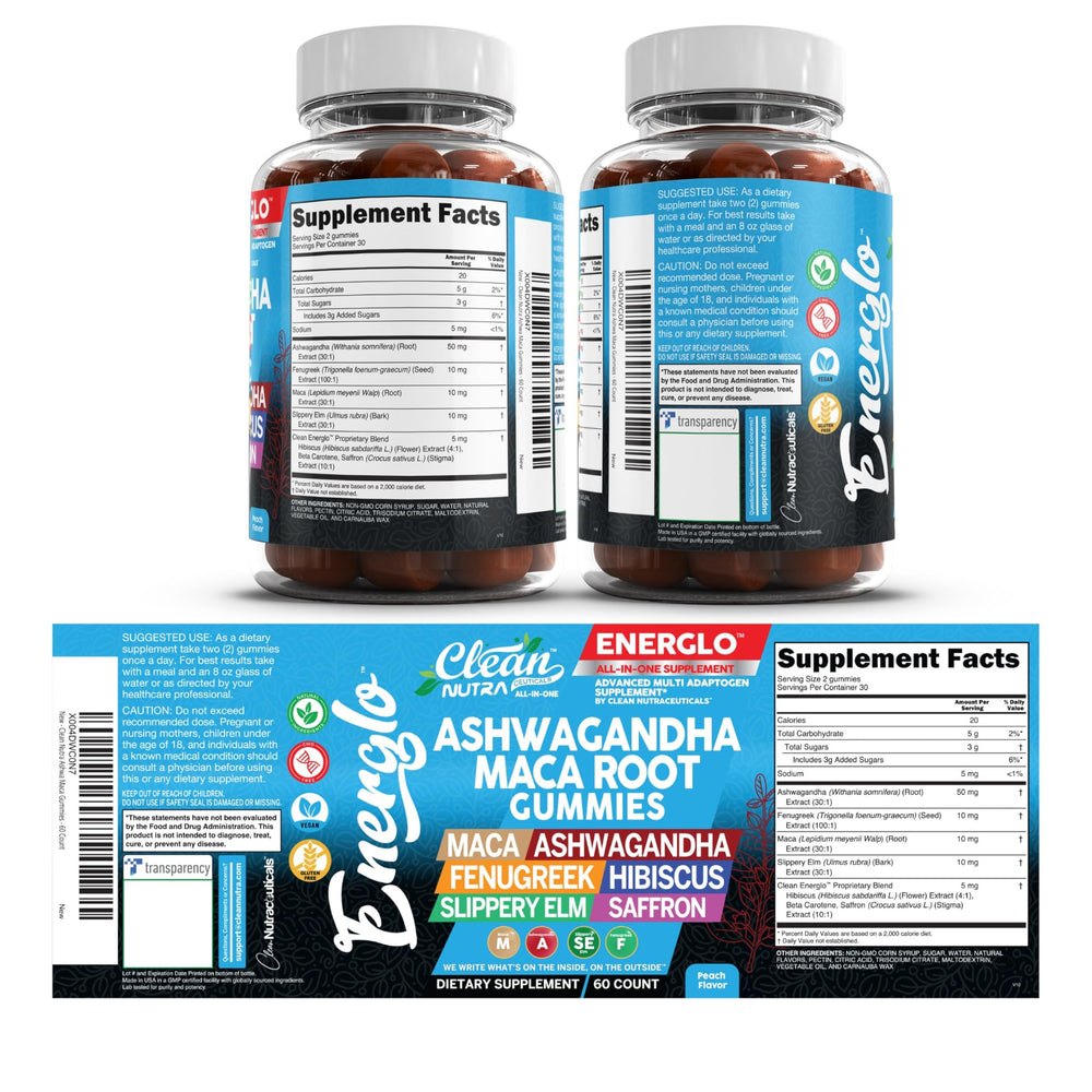 Clean Nutraceuticals Ashwagandha Maca Gummies on a wellness setup for daily use.