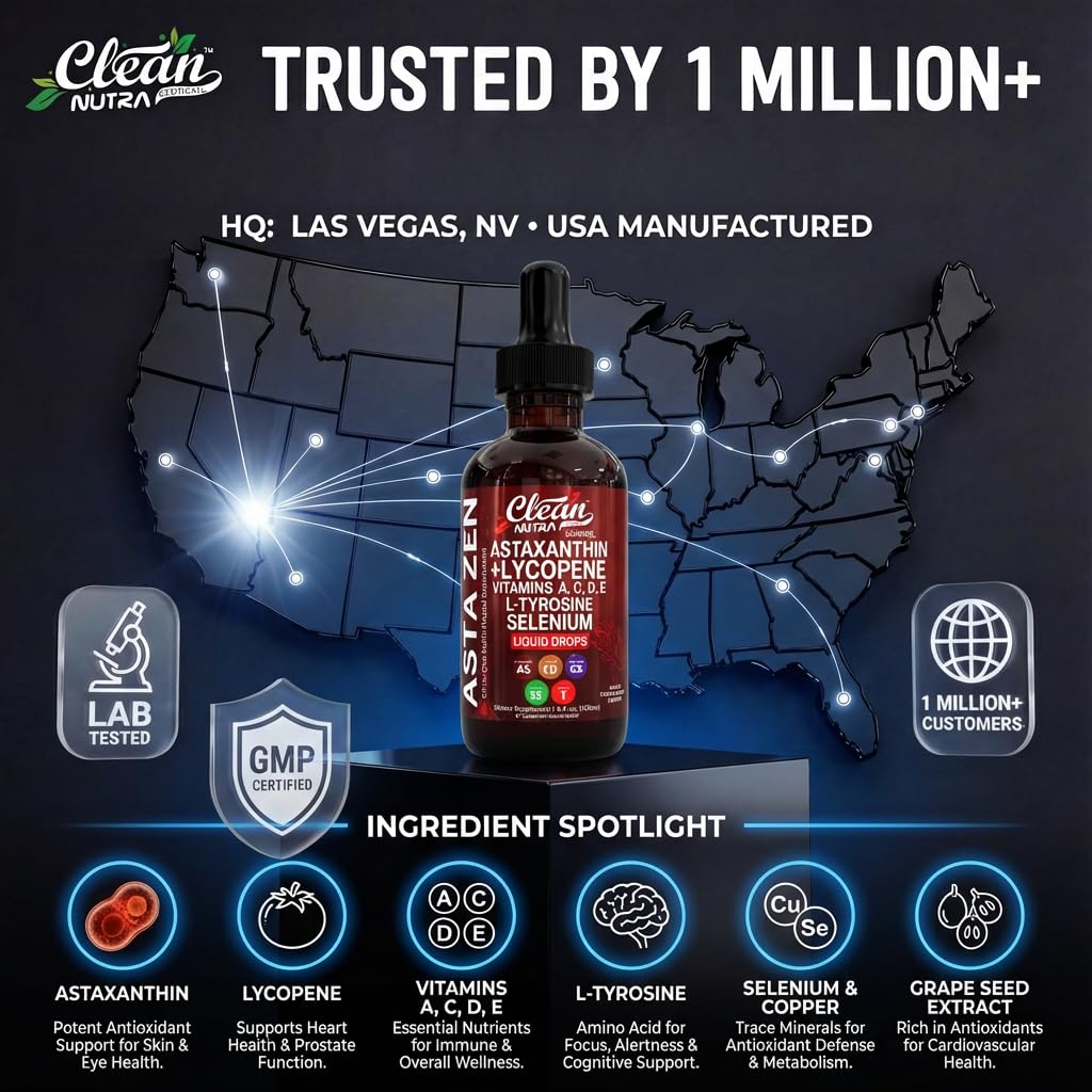 Amber glass bottle of Clean Nutraceuticals Astaxanthin Lycopene Drops.