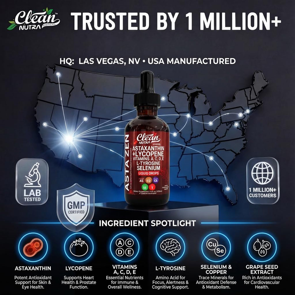 Amber glass bottle of Clean Nutraceuticals Astaxanthin Lycopene Drops.