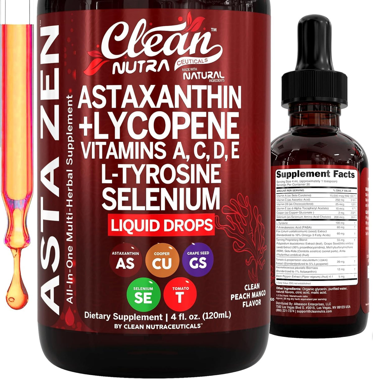 Clean Nutraceuticals Astaxanthin Lycopene Liquid Drops bottle for daily antioxidant support.