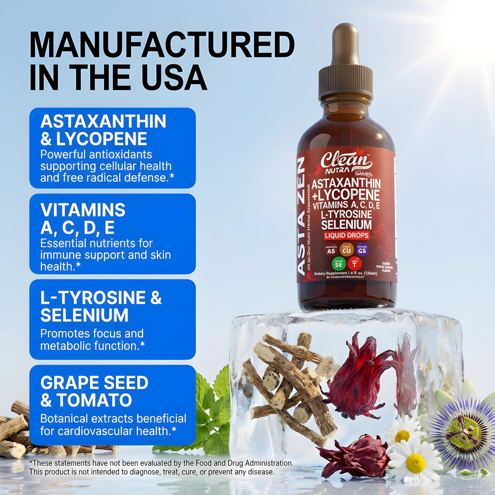 Clean Nutraceuticals Astaxanthin Lycopene Liquid Drops dropper highlights precise dosing.