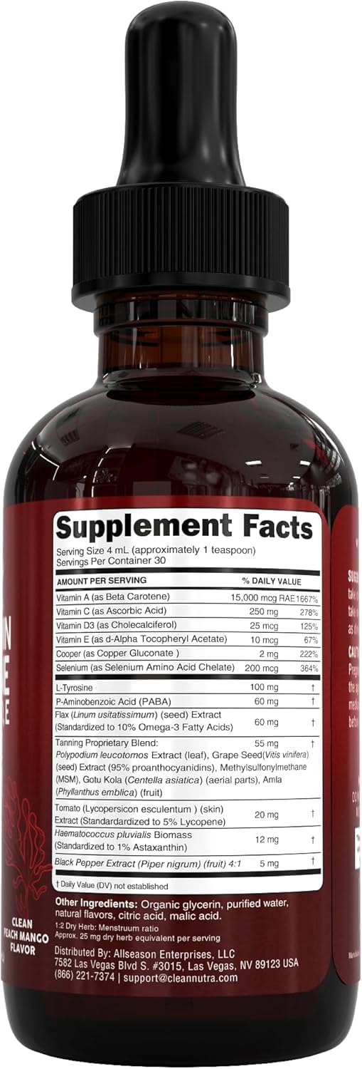 Ingredients panel from Clean Nutraceuticals Astaxanthin Lycopene Drops highlights the blend.
