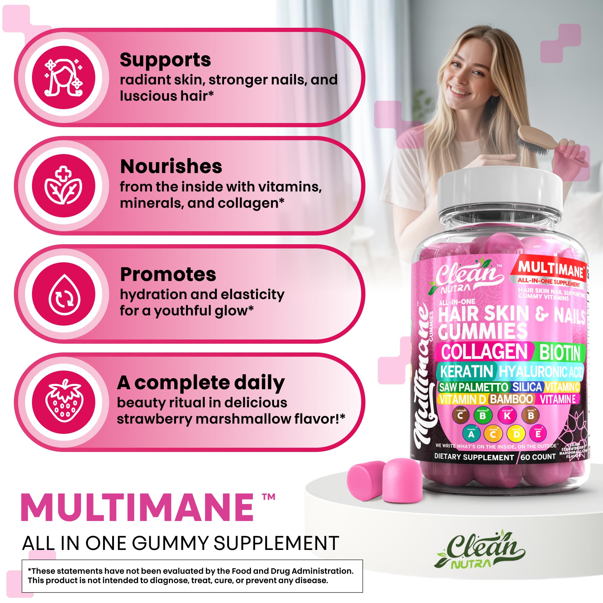 Clean Nutraceuticals Bamboo Silica gummies close-up highlighting skin hydration benefits.