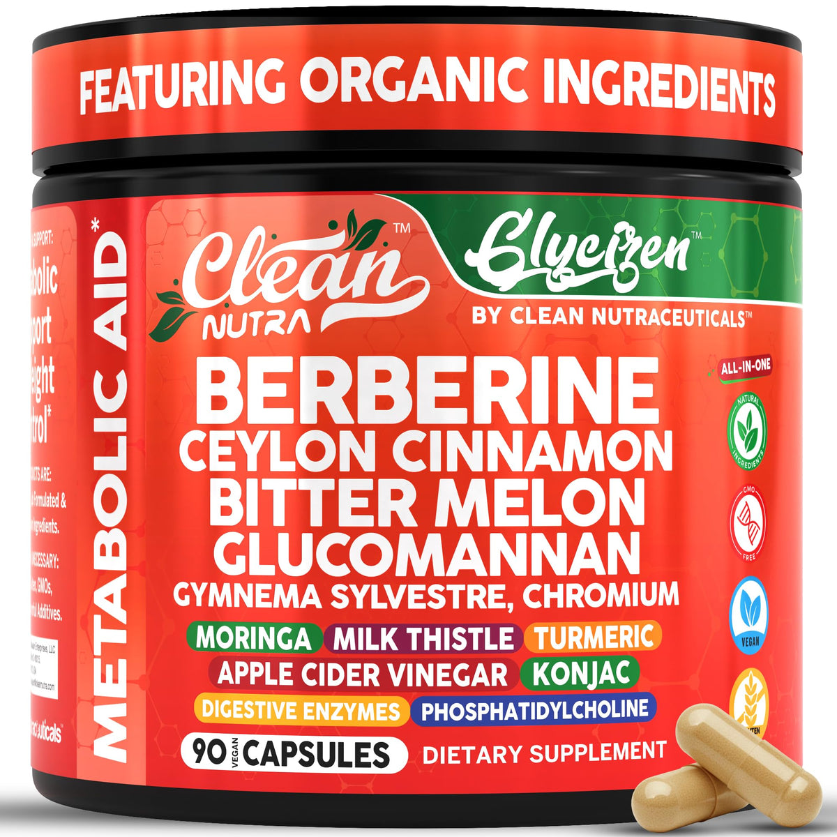 Clean Nutraceuticals berberine cinnamon bottle displaying vegan capsules for daily wellness.