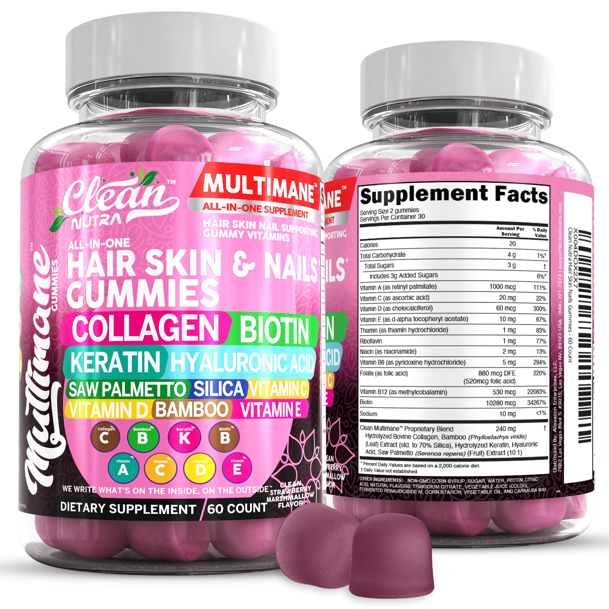 Clean Nutraceuticals Biotin Collagen Keratin Gummies bottle may support healthy hair, skin, and nails.