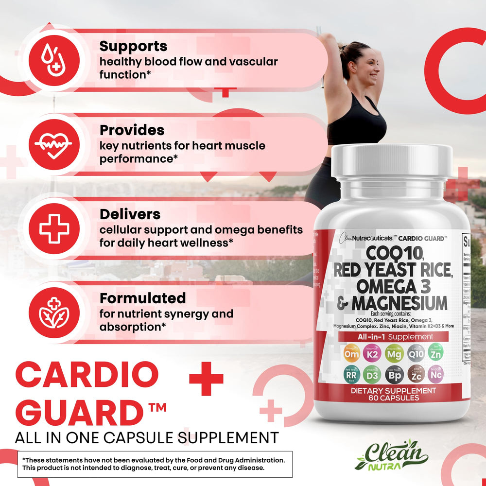 CoQ10 200mg softgels next to omega-3 capsules for daily energy and cell support.