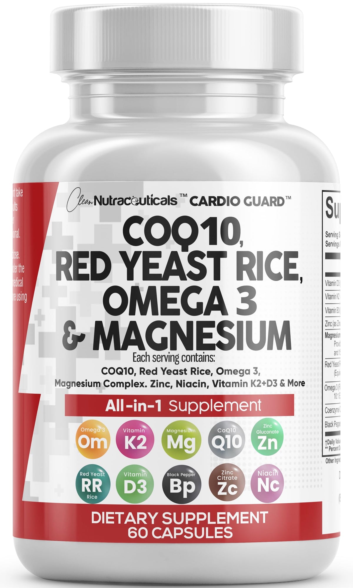 Clean Nutraceuticals CardioGuard bottle featuring CoQ10 Red Yeast Omega-3 for balanced daily support.