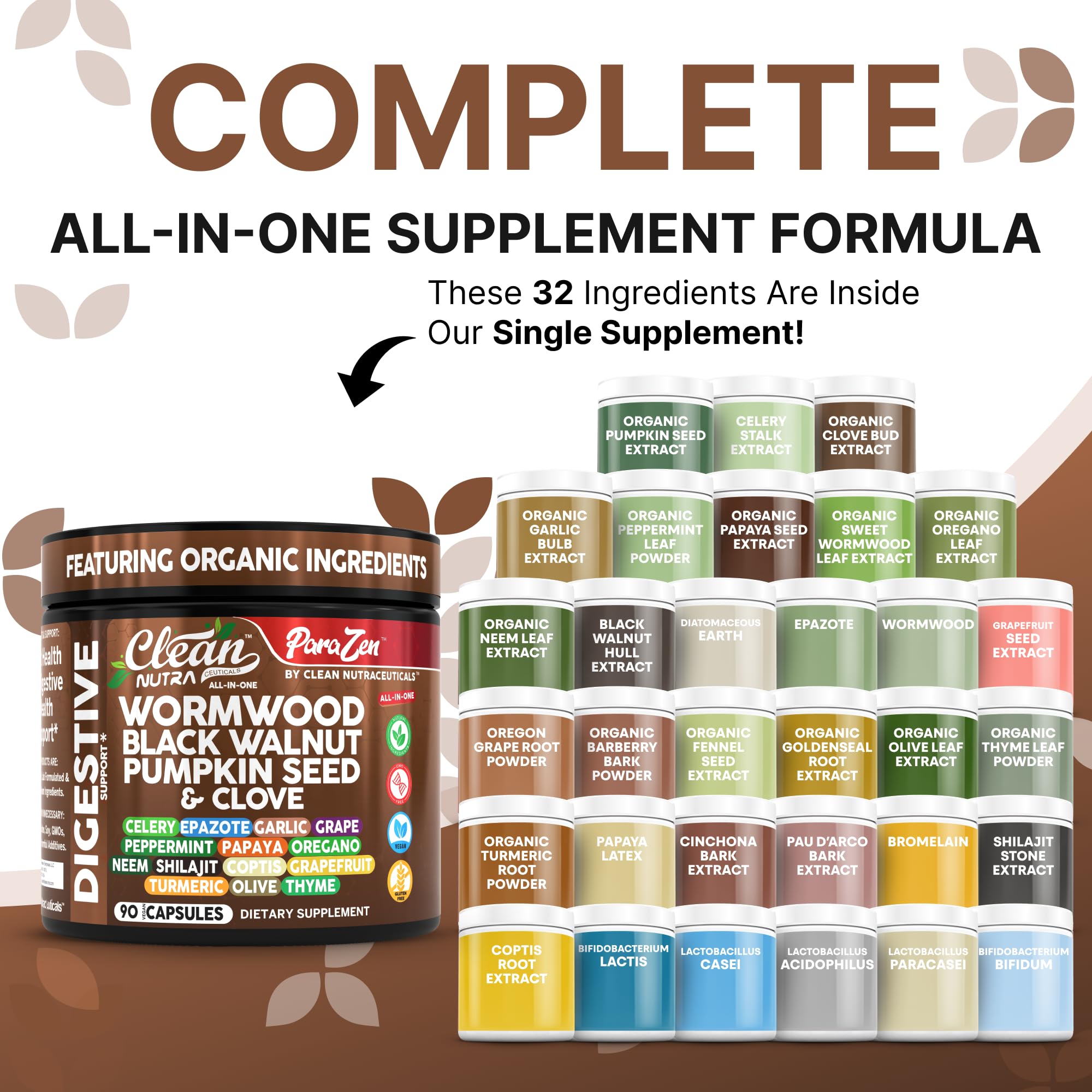 Clean Nutraceuticals celery papaya enzyme blend capsules with antioxidant support.