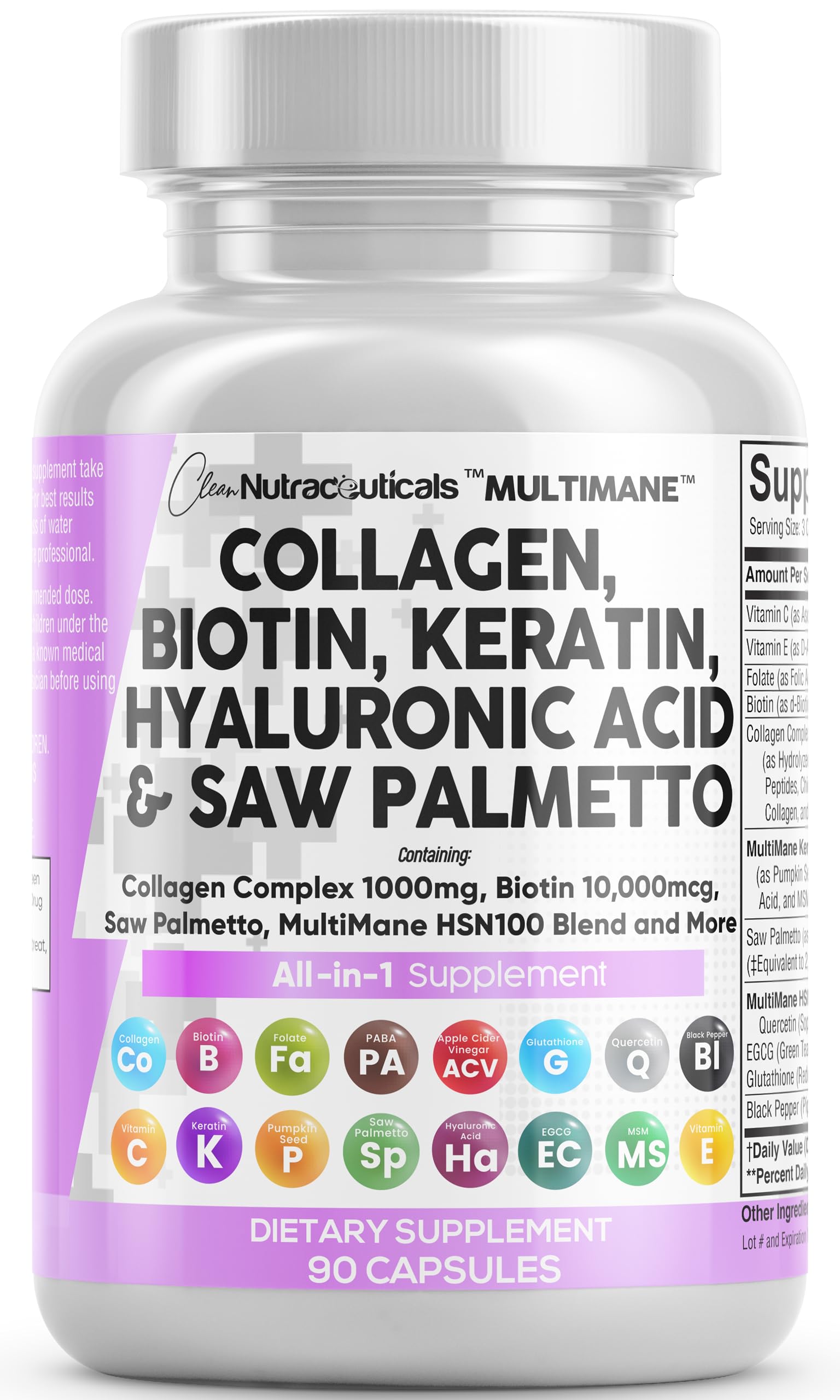 Clean Nutraceuticals collagen pills bottle with biotin and hyaluronic acid for hair health