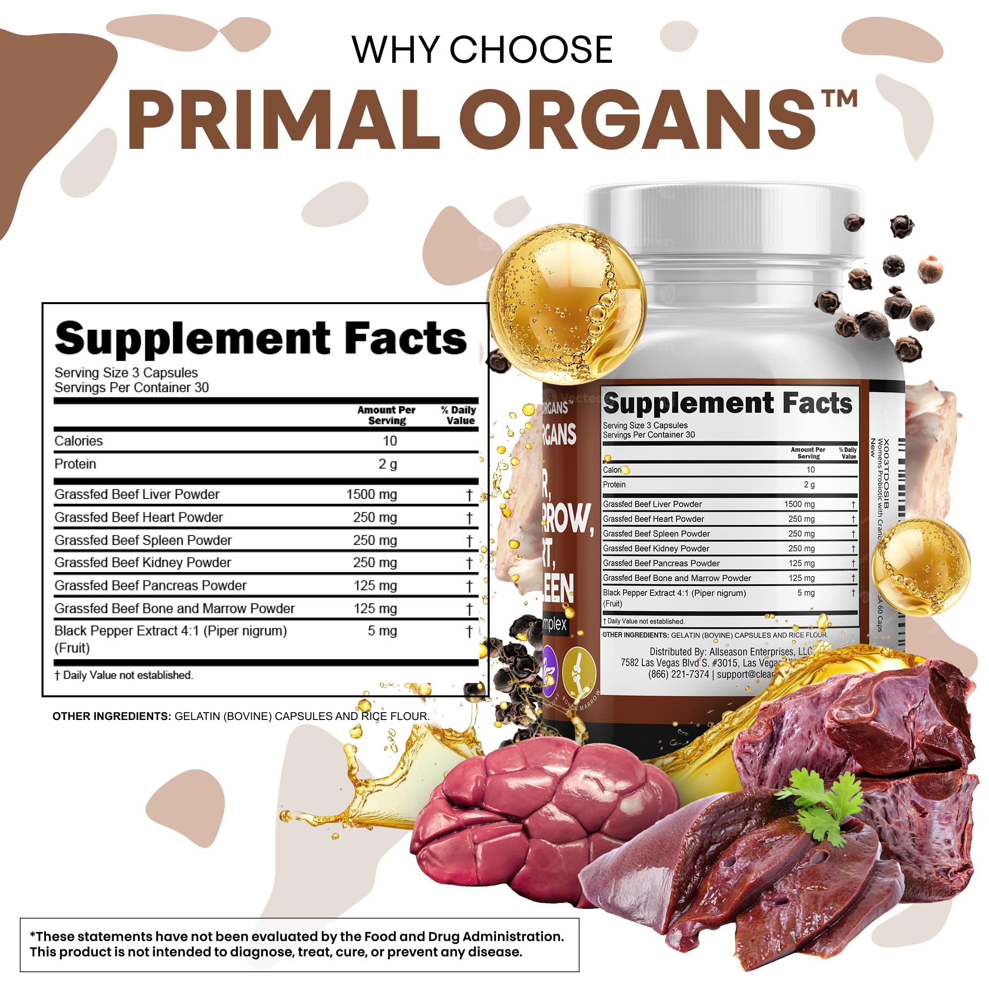Bottle label highlights liver, heart, spleen, pancreas blend for comprehensive support.