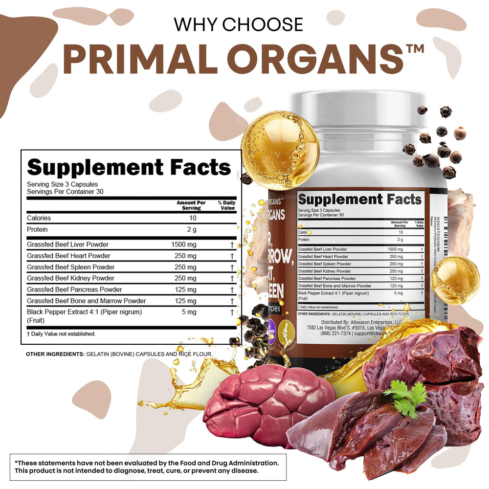 Bottle label highlights liver, heart, spleen, pancreas blend for comprehensive support.