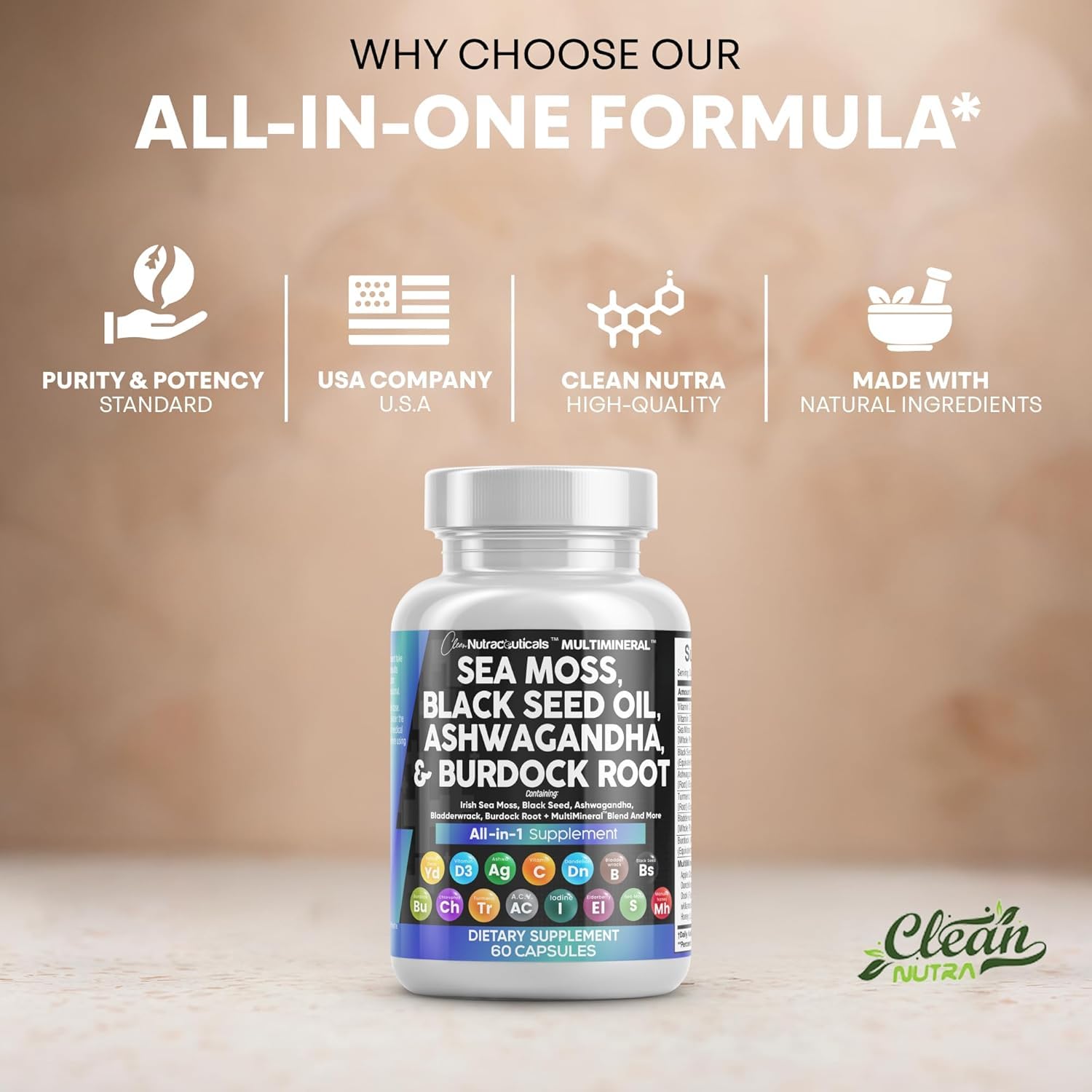 Clean Nutraceuticals elderberry vitamin C D3 bottle supports a daily wellness routine.