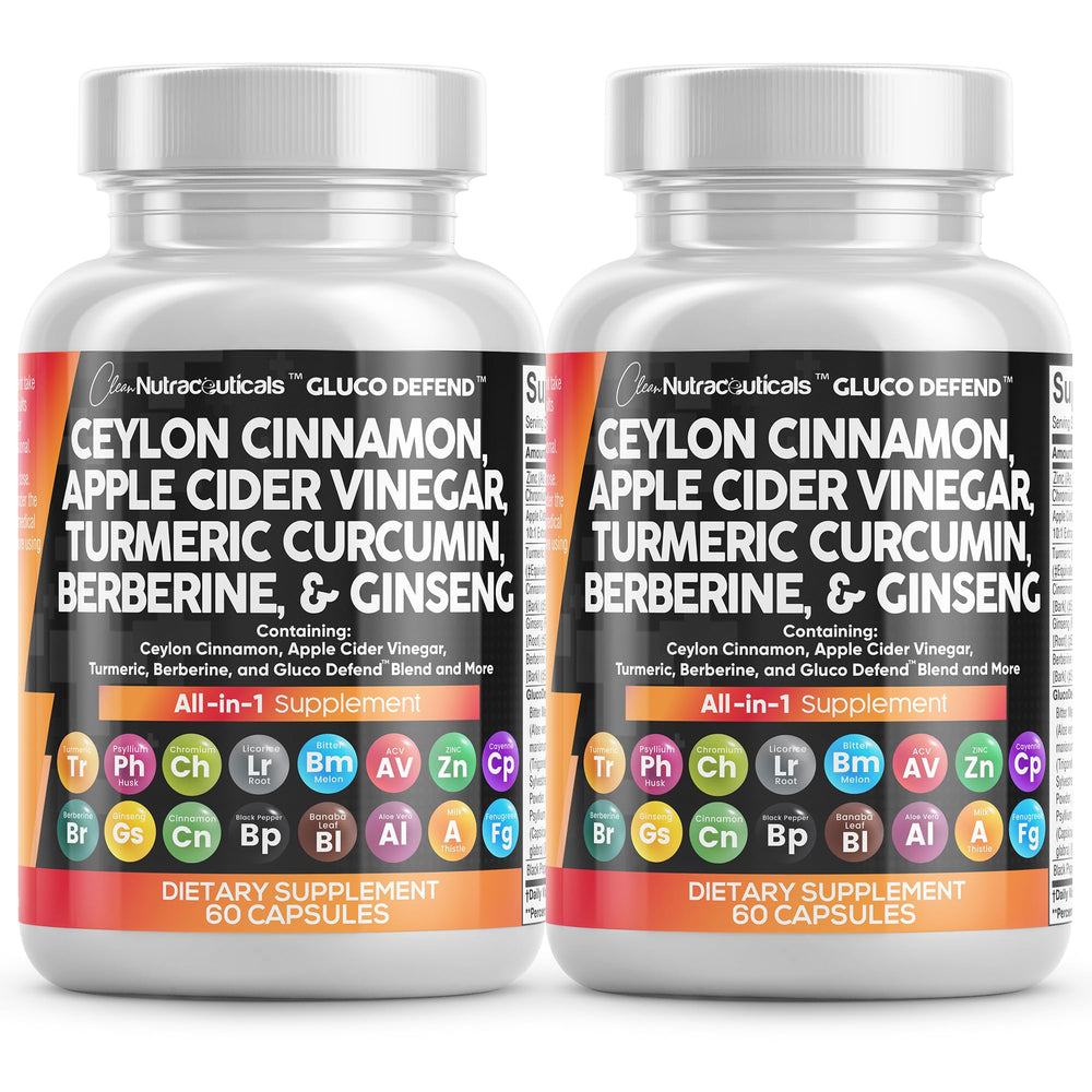 Clean Nutraceuticals Gluco Defend bottle pour highlights easy two-capsule daily intake.
