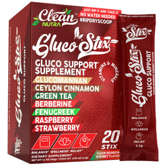 Clean Nutraceuticals Gluco Stix box front for on-the-go gut and metabolic support.