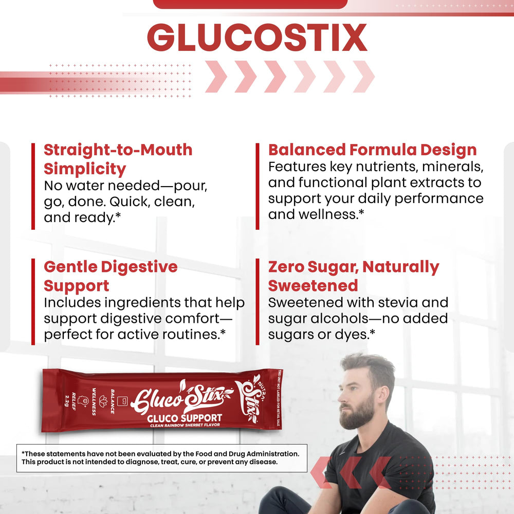 Clean Nutraceuticals Gluco Stix on clean counter ready to mix.