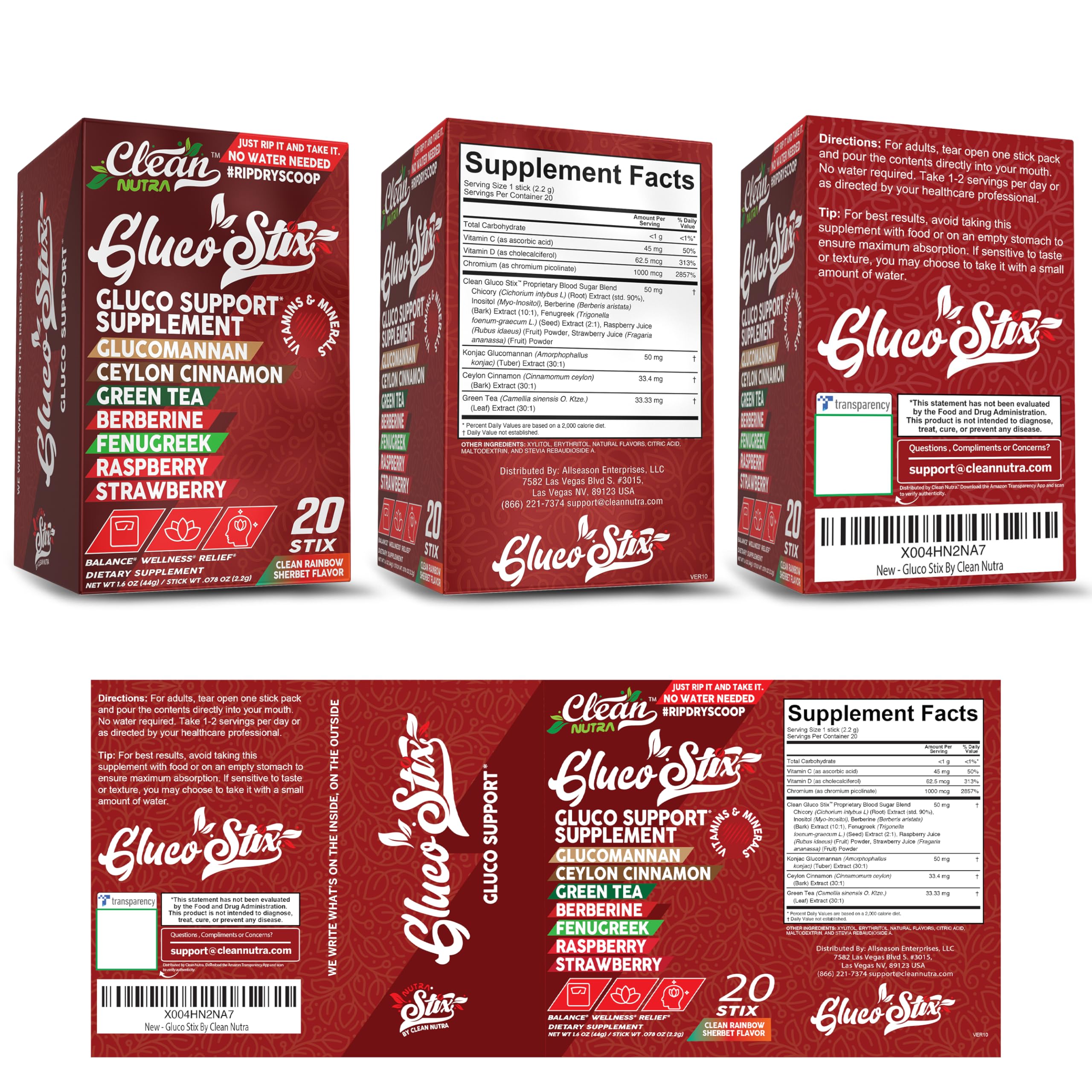 Clean Nutraceuticals Gluco Stix packaging and rainbow powder label close-up.