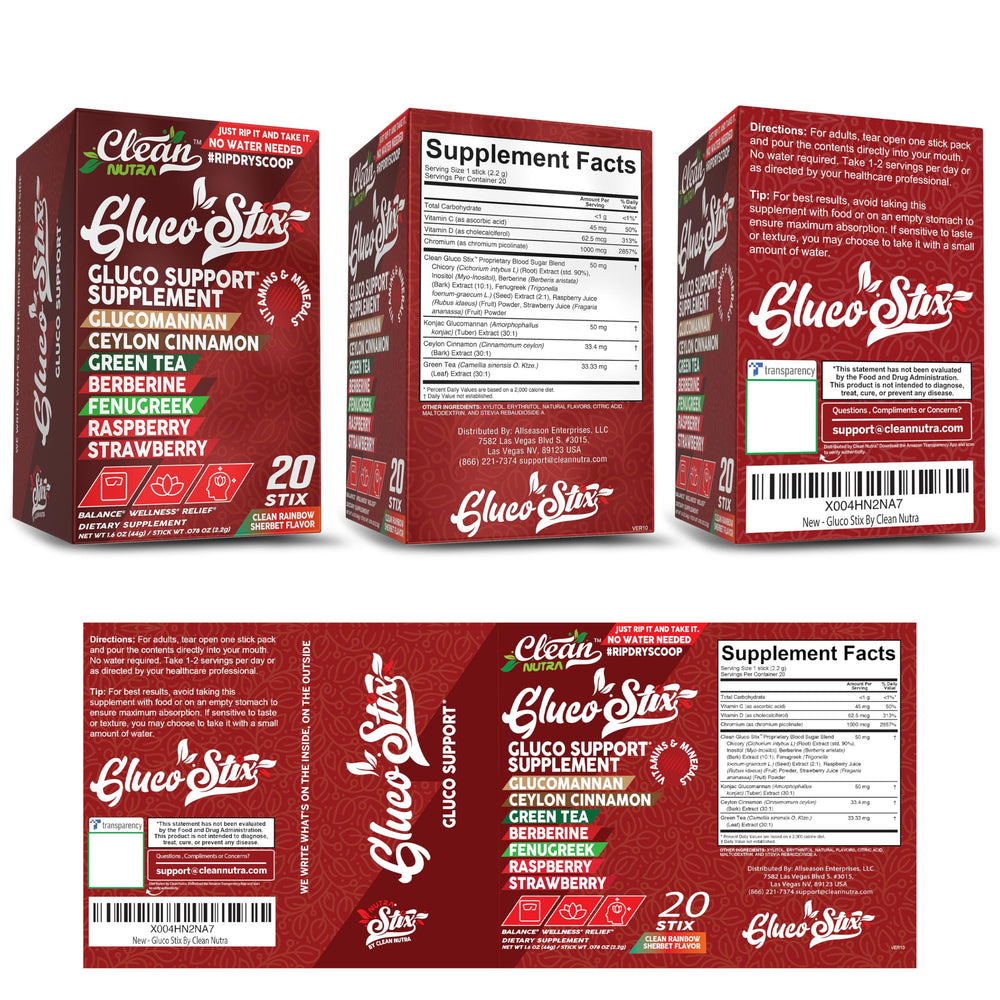 Clean Nutraceuticals Gluco Stix packaging and rainbow powder label close-up.