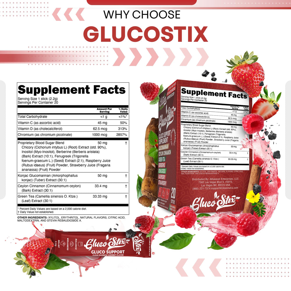 Clean Nutraceuticals Gluco Stix powder close-up showing texture and color.