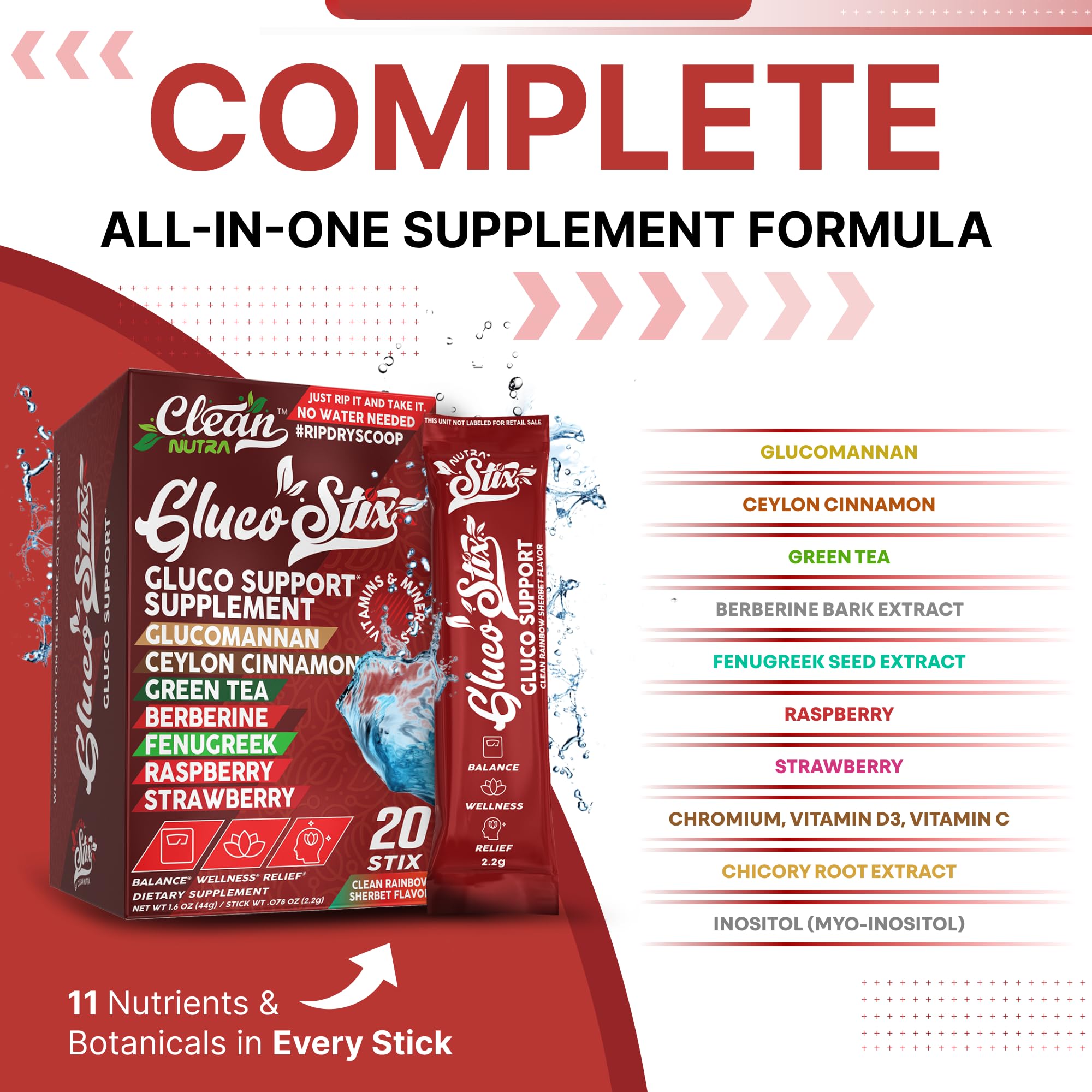 Clean Nutraceuticals Gluco Stix sachet opened with rainbow sherbet powder for quick use.