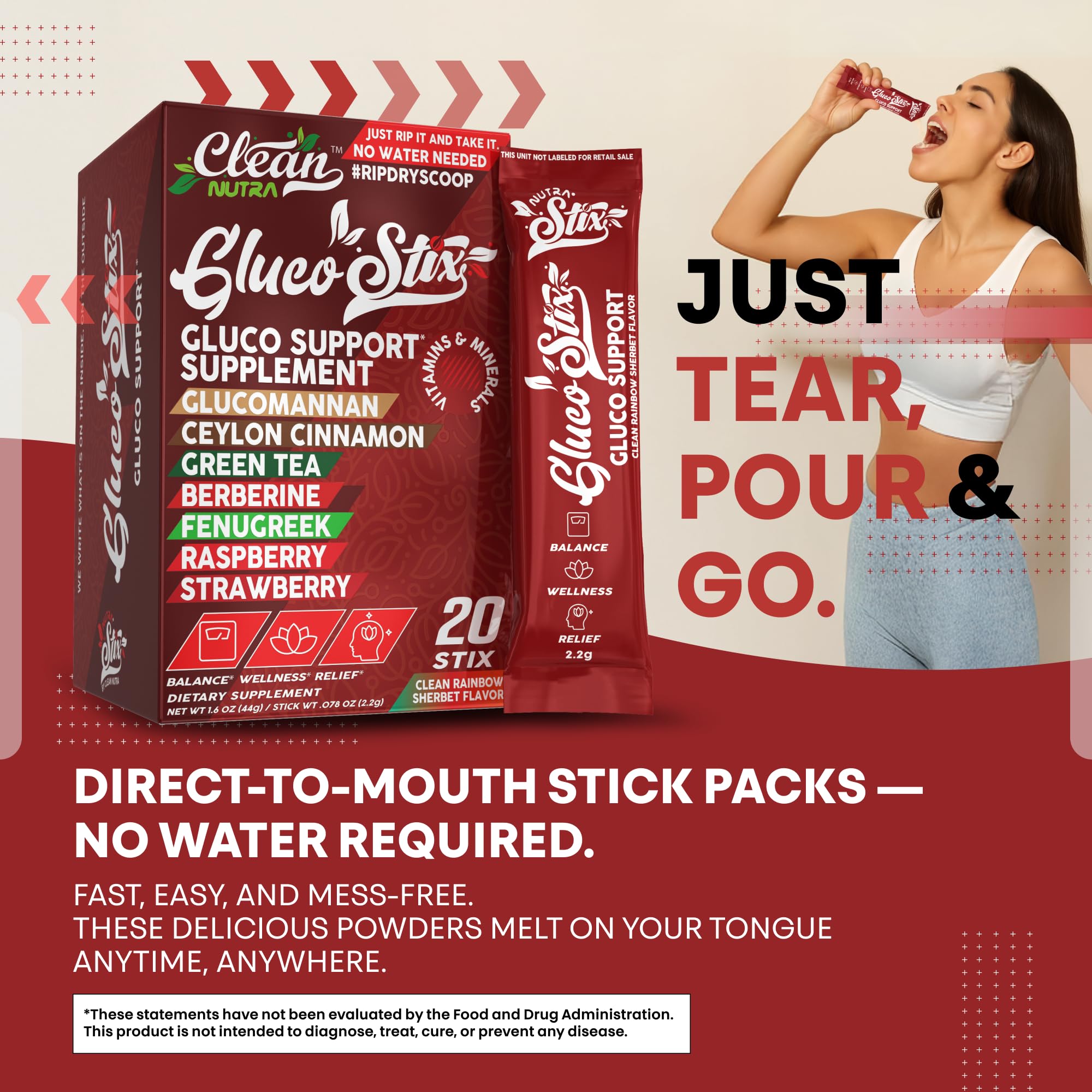 Clean Nutraceuticals Gluco Stix in use with a glass of water.