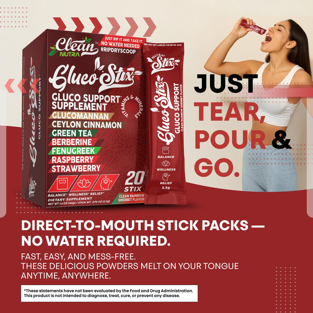 Clean Nutraceuticals Gluco Stix in use with a glass of water.
