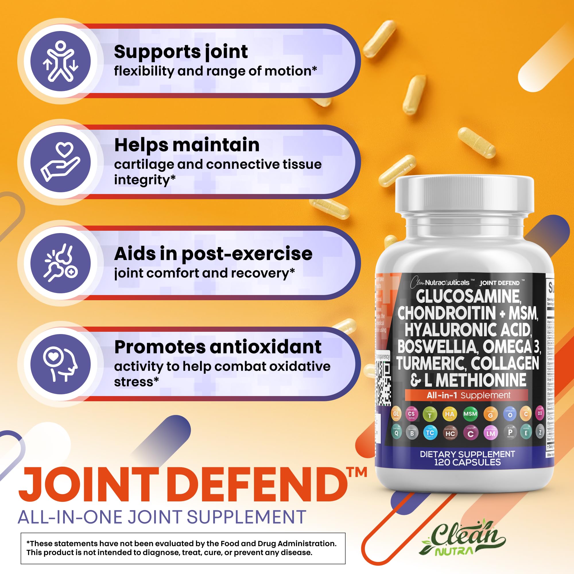 Clean Nutraceuticals Joint Defend turmeric-curcumin visual highlights herbal boost in capsules