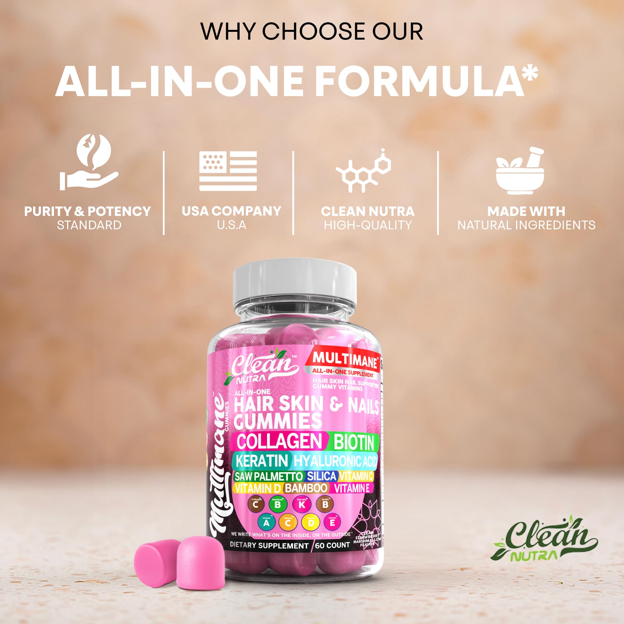 Clean Nutraceuticals Keratin Biotin gummies close-up for hair strength and shine.