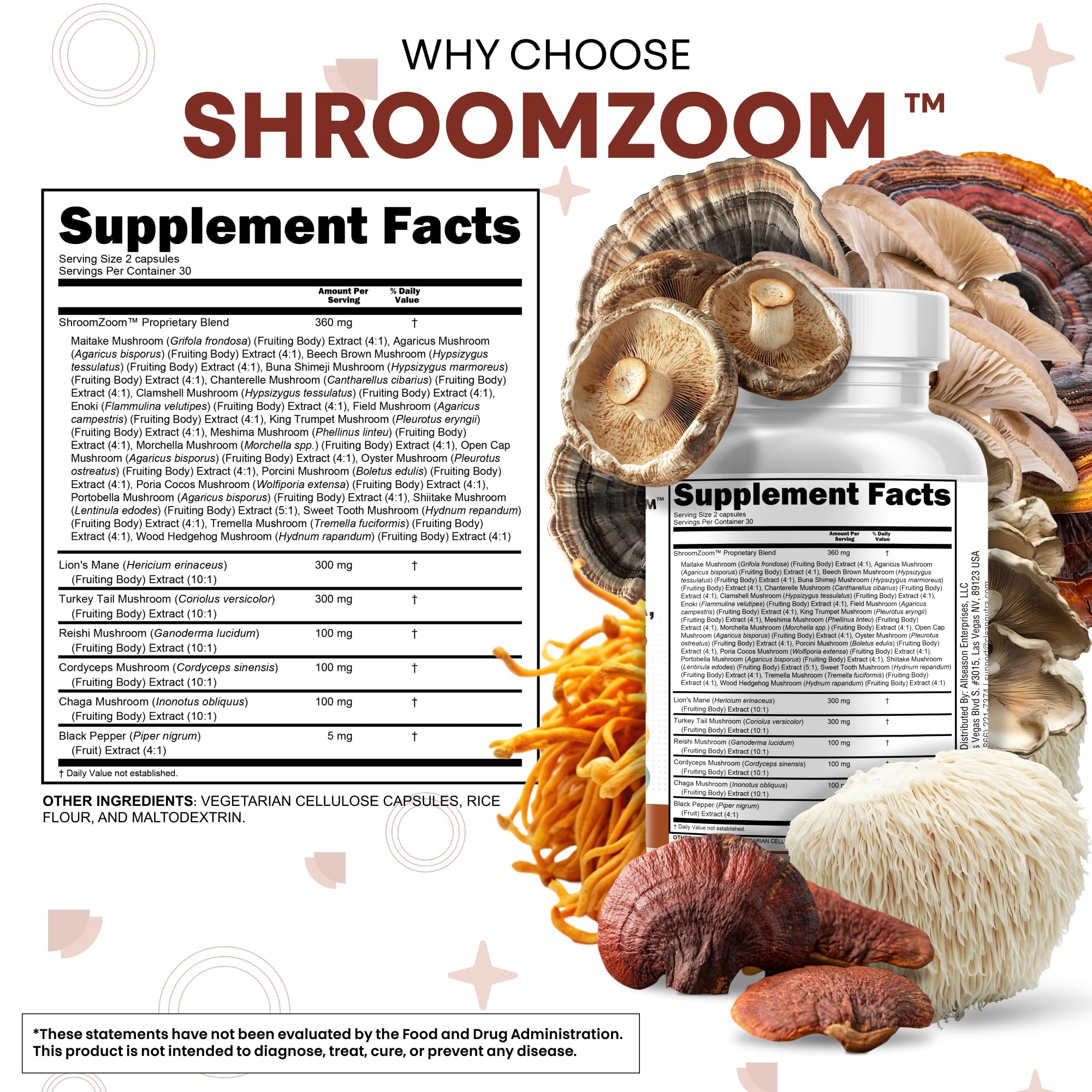 Clean Nutraceuticals Lions Mane 20in1 capsules closeup highlights full-spectrum mushroom blend.