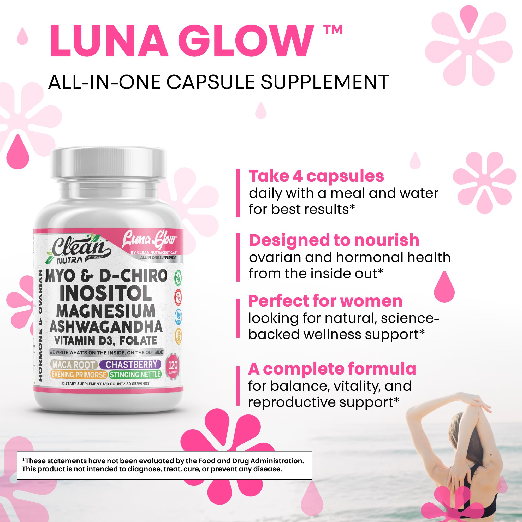 Dosing illustration of Luna Glow bottle demonstrates simple daily use.
