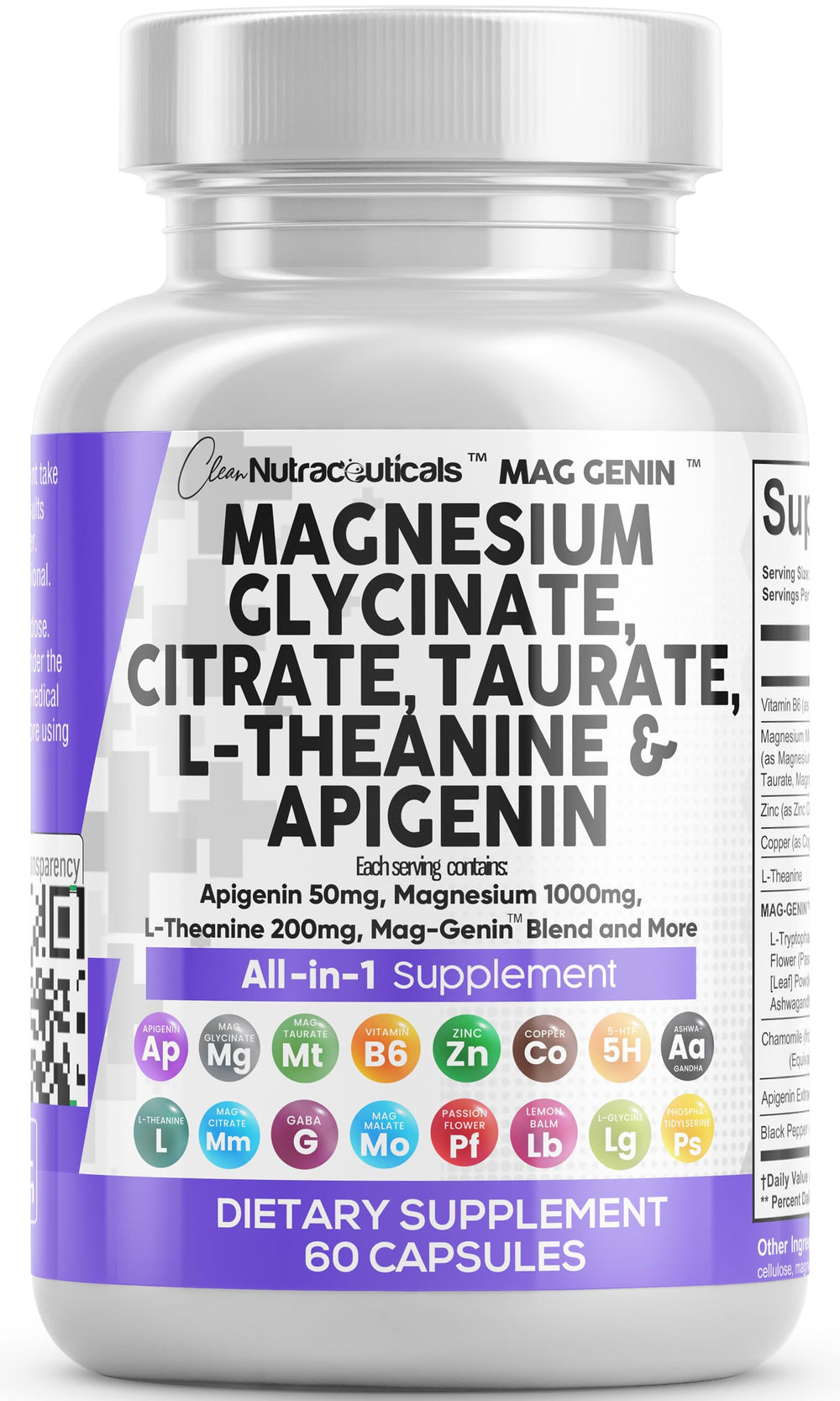Clean Nutraceuticals Mag Genin bottle front showing full magnesium complex for daily vitality.